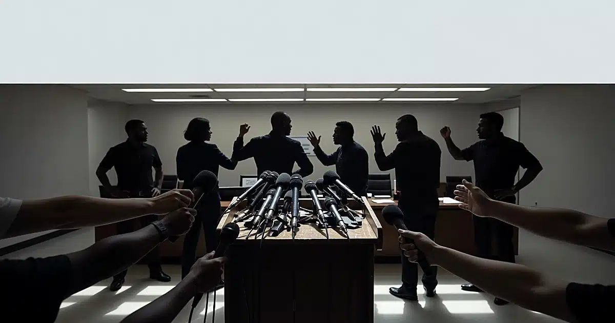 Empty City Hall podium surrounded by microphones with silhouetted figures in tense discussion behind