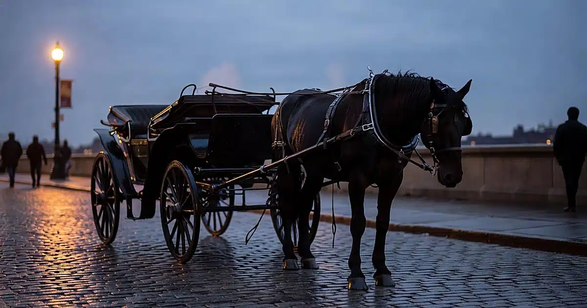Empty horse-drawn carriage on wet cobblestone street at dusk with harnessed horse silhouette in foreground
