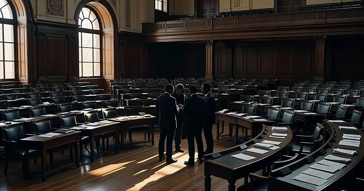 Silhouetted figures conversing in aisles of legislative chamber with scattered papers on desks