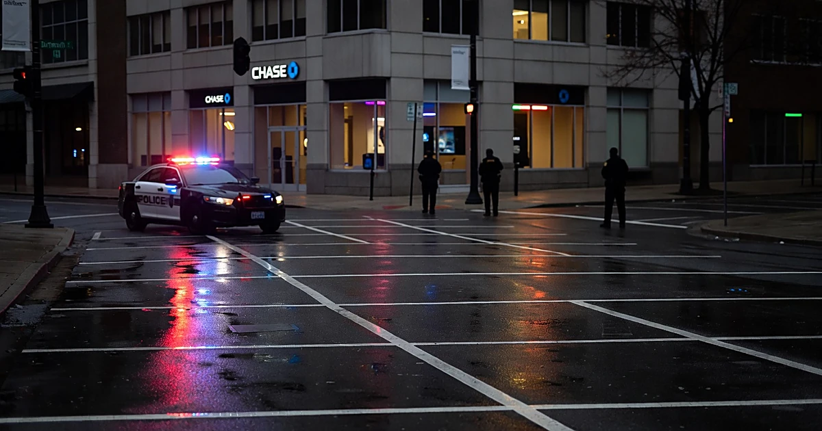 Police emergency lights reflecting on wet street at night near bank building with empty parking spaces