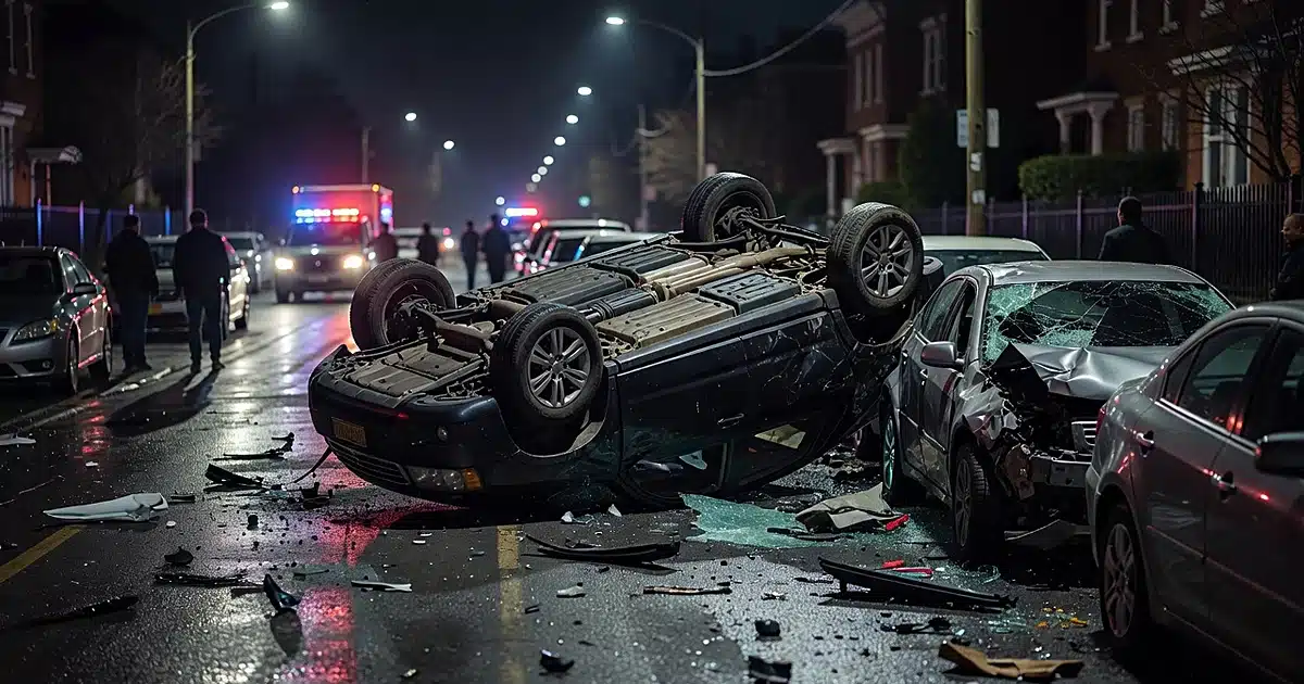 Overturned SUV against damaged parked cars on a nighttime street with emergency lights reflecting on wet pavement