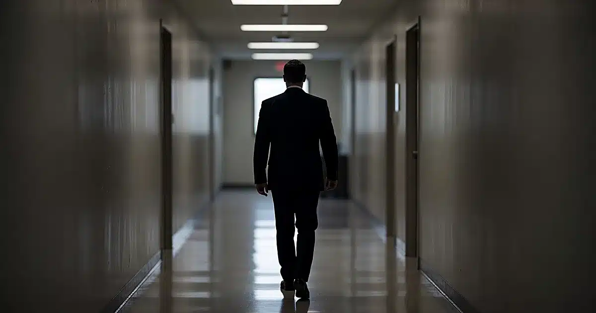 Silhouetted federal agent walking down FBI office corridor toward interrogation room with dramatic lighting