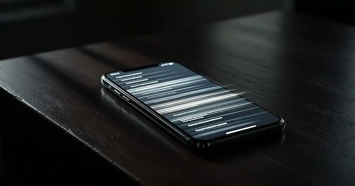Smartphone on dark surface with glowing screen showing multiple incoming message notifications in motion