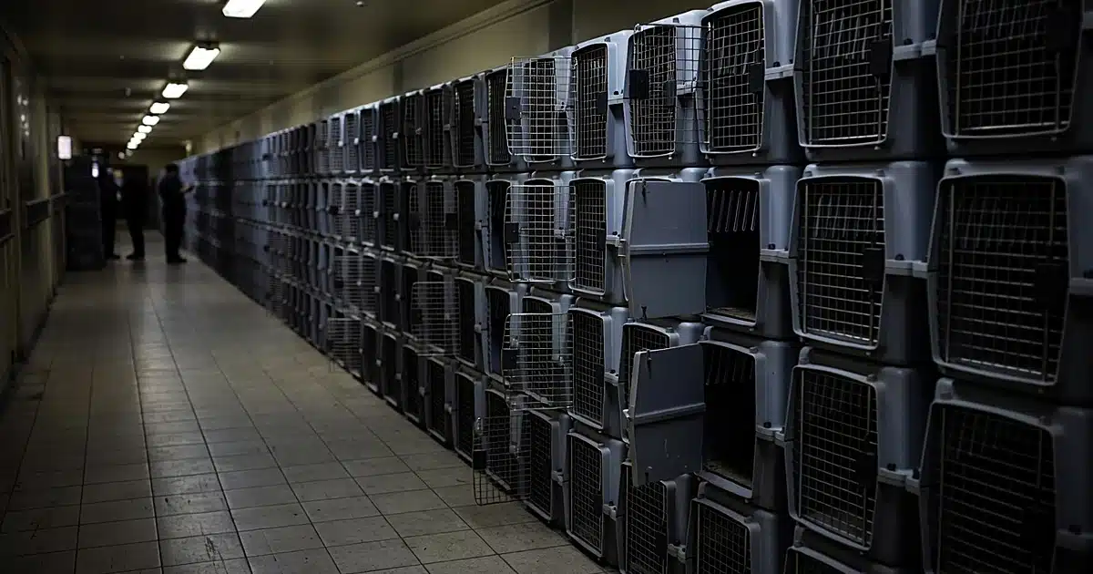 Empty metal cat carriers stacked in rows along a dimly lit animal control facility corridor