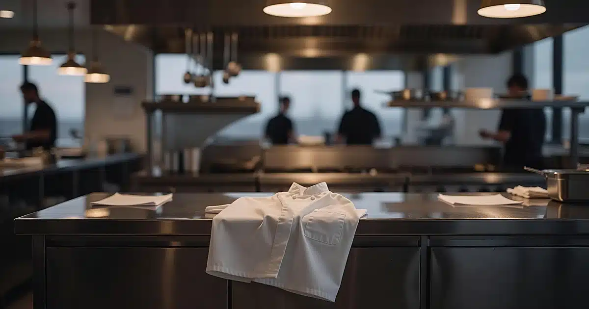 Empty chef's white coat draped over stainless steel kitchen prep station with soft background blur