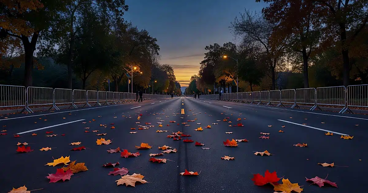 Empty urban parade route lined with metal barricades at dusk, fallen leaves on pavement, distant silhouettes
