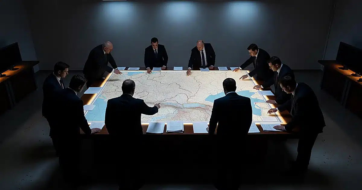 Silhouetted figures around illuminated strategic map table in military operations room