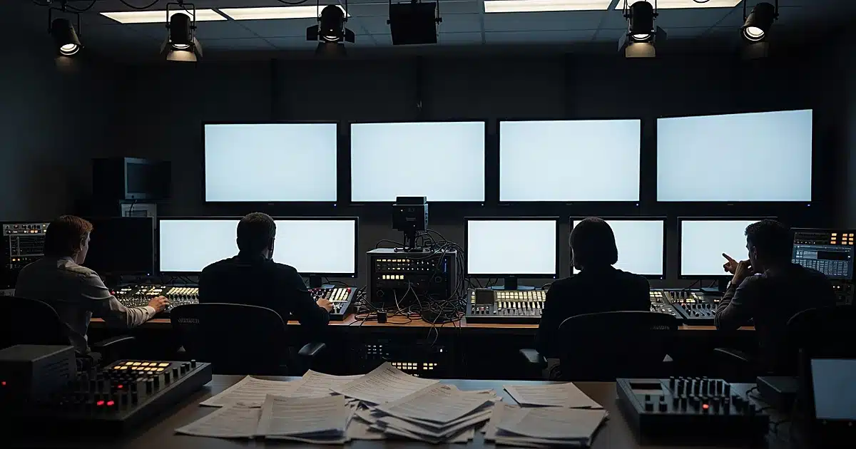 Television studio control room with silhouetted figures at monitors and scattered production materials