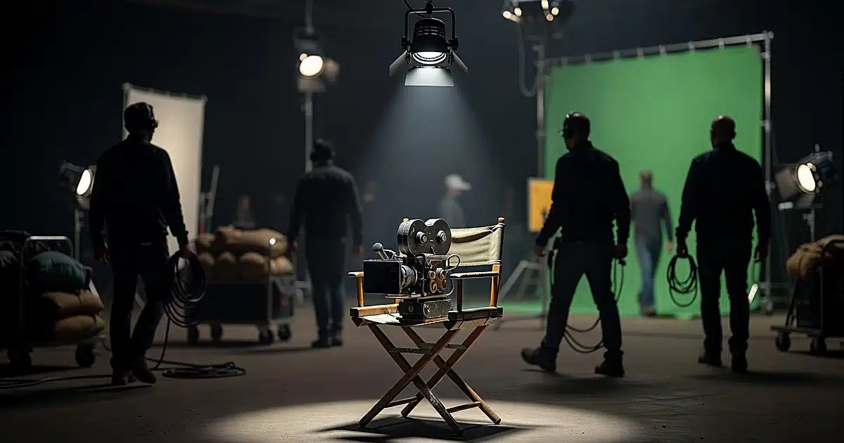 Empty director's chair and film camera on active movie soundstage with crew silhouettes working in background
