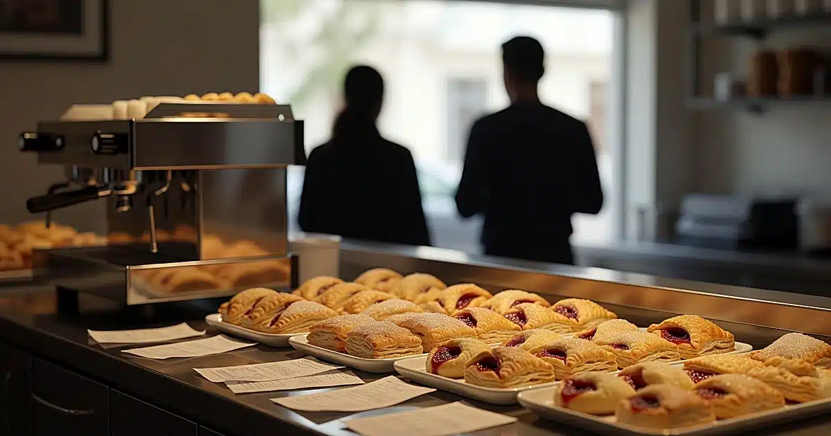 Cuban bakery counter with traditional pastries and silhouetted figures in background near storefront window