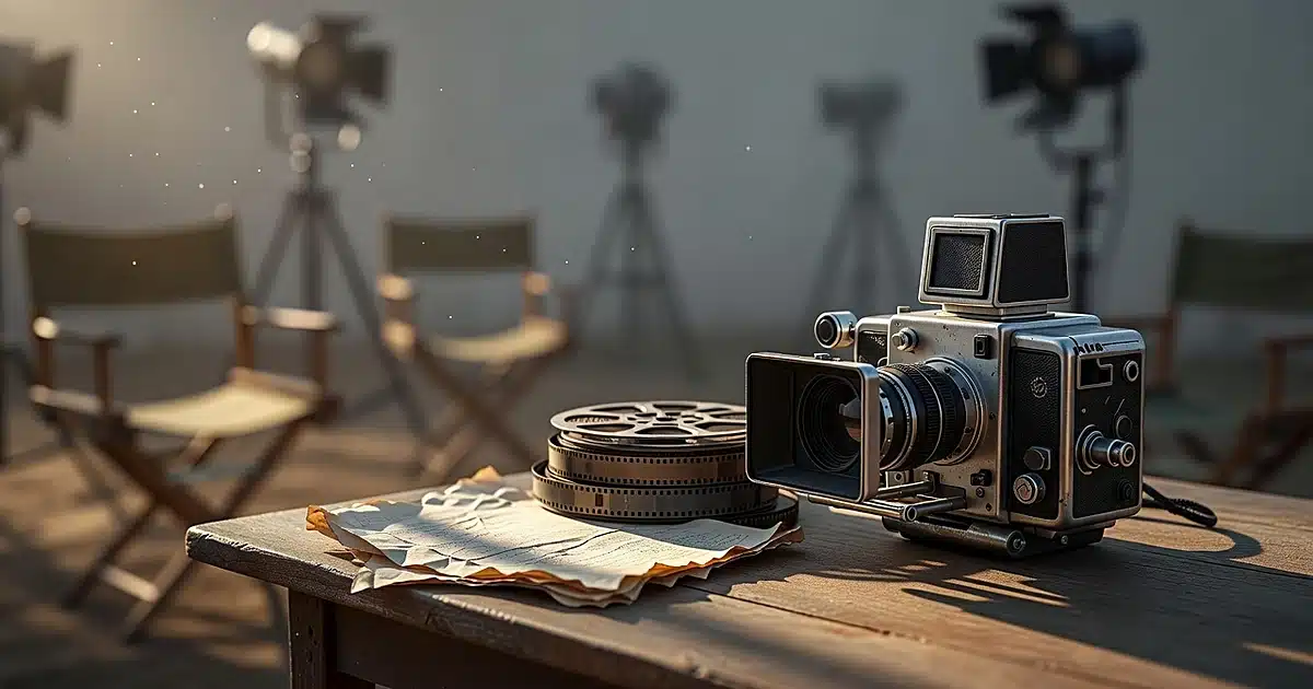 Vintage film camera and script on director's chair at sunset on empty movie set