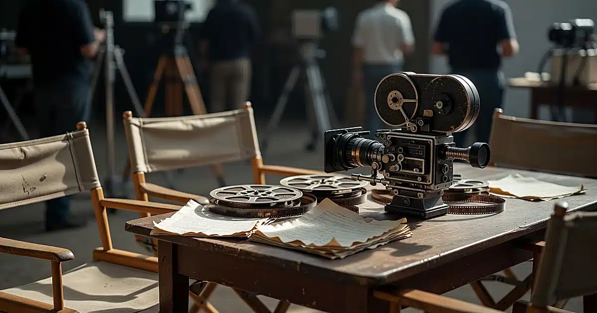 Vintage film camera on director's chair at golden hour on empty movie set with script and film reels