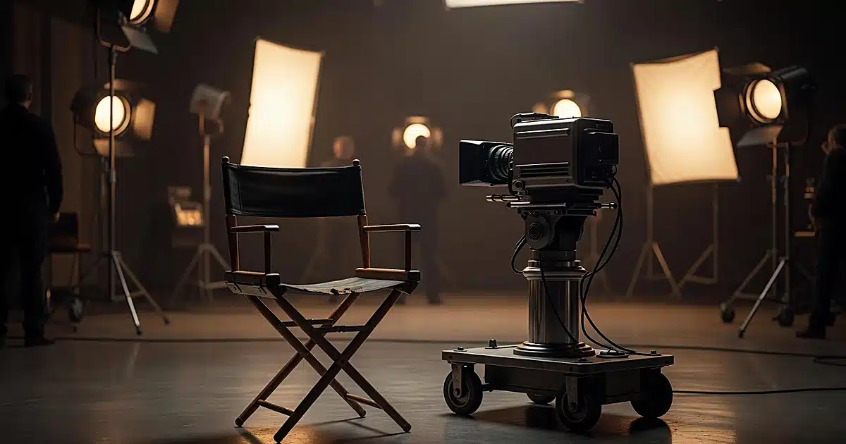 Empty director's chair and vintage broadcast camera on a 1960s television studio set with glowing studio lights