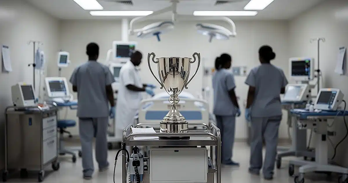 Trophy on medical cart in hospital delivery room with silhouetted staff in background