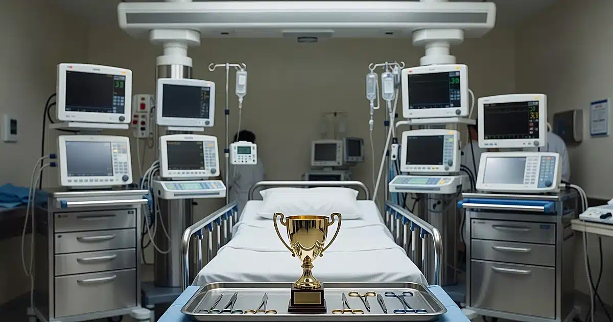 Trophy on medical tray in empty hospital delivery room with clinical equipment