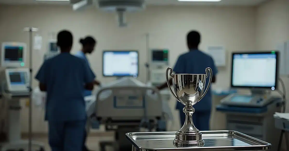 Trophy on medical tray in hospital delivery room with silhouetted medical staff in background