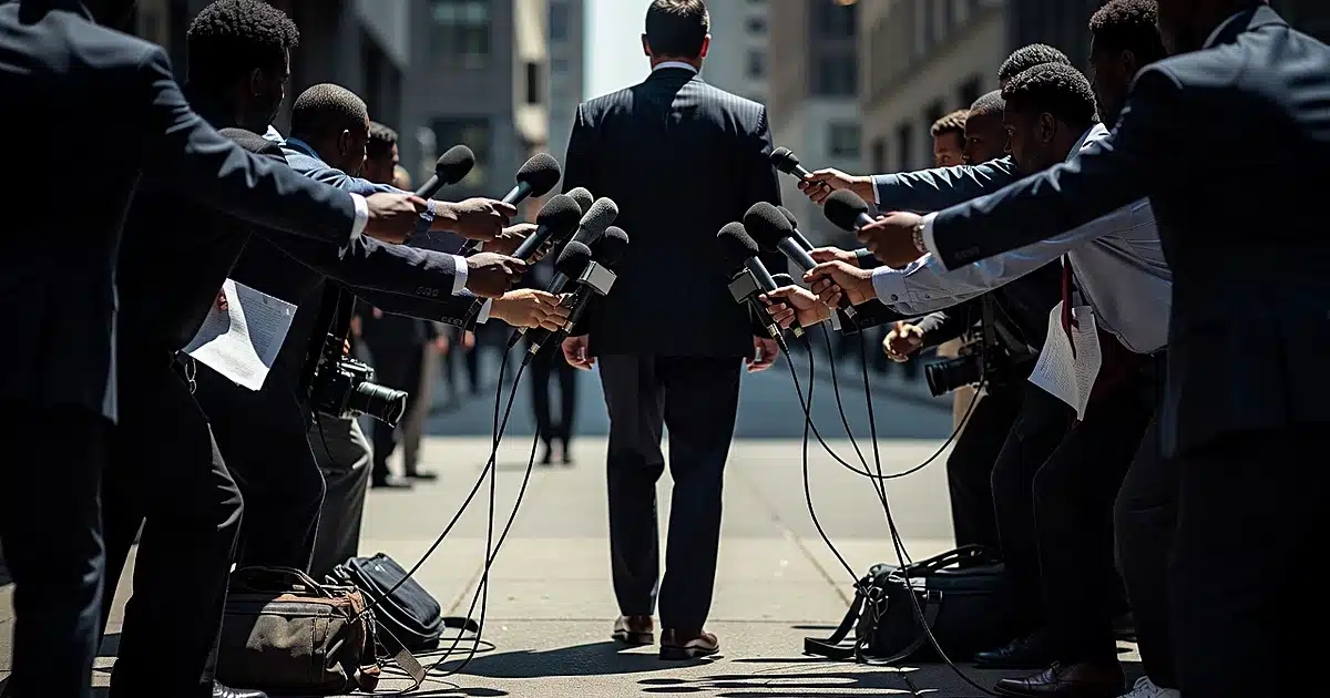 Microphones extended toward interview subject on city street with journalists silhouetted in foreground