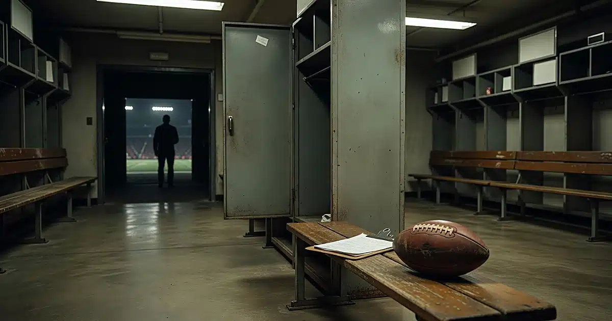 Empty NFL locker room with football and clipboard on bench, silhouette near tunnel entrance with stadium lights beyond