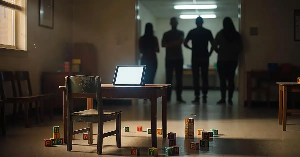 Preschool classroom with tablet on table, toys scattered, adult silhouettes watching from doorway