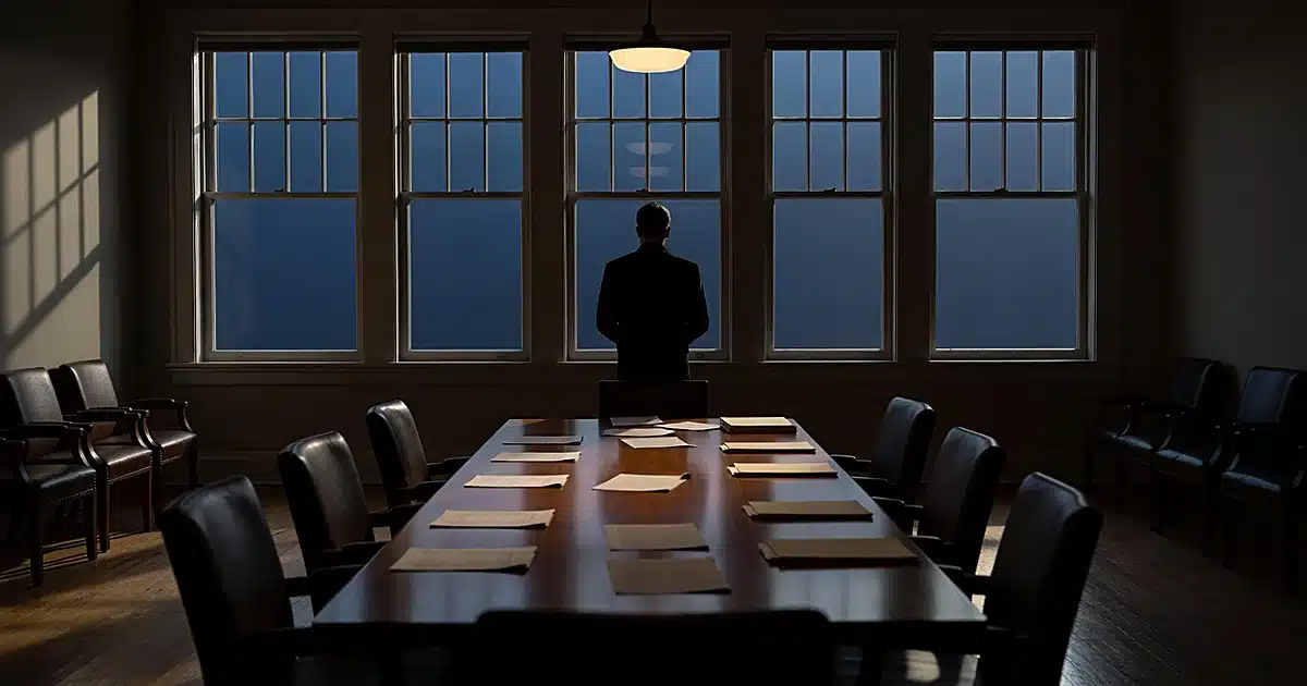 Silhouetted figure at conference table in empty Democratic Party office at dusk with scattered papers