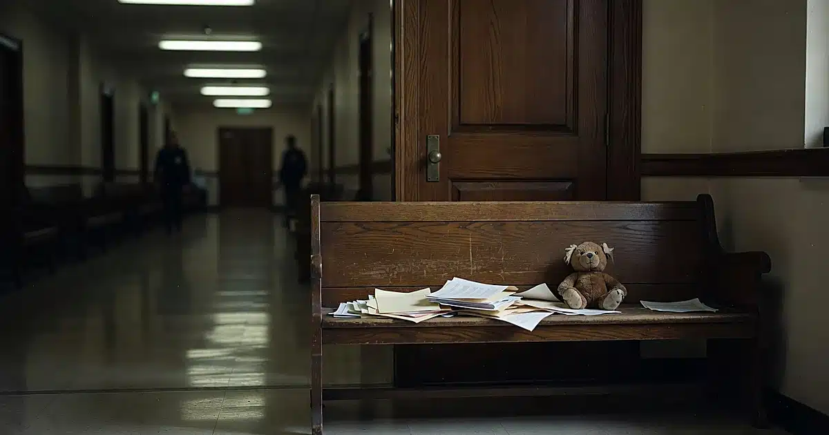 Empty courthouse bench with scattered legal papers and abandoned child's toy in dim hallway