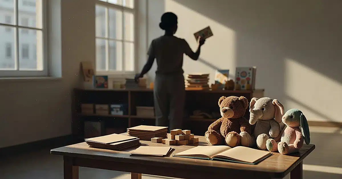 Preschool classroom table with children's books and toys, silhouetted figure arranging products in background