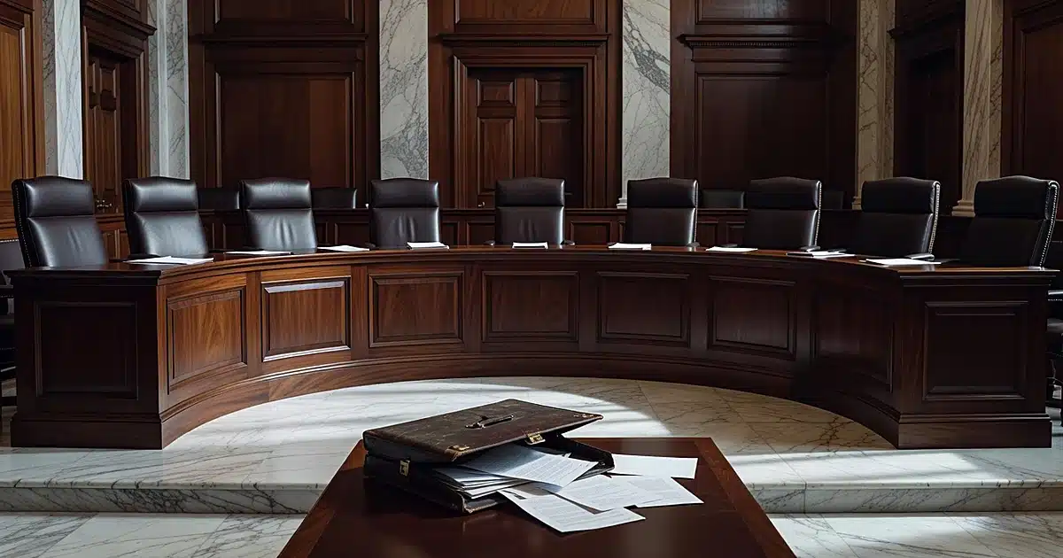Empty Supreme Court chamber with vacant judicial bench and open briefcase on counsel table