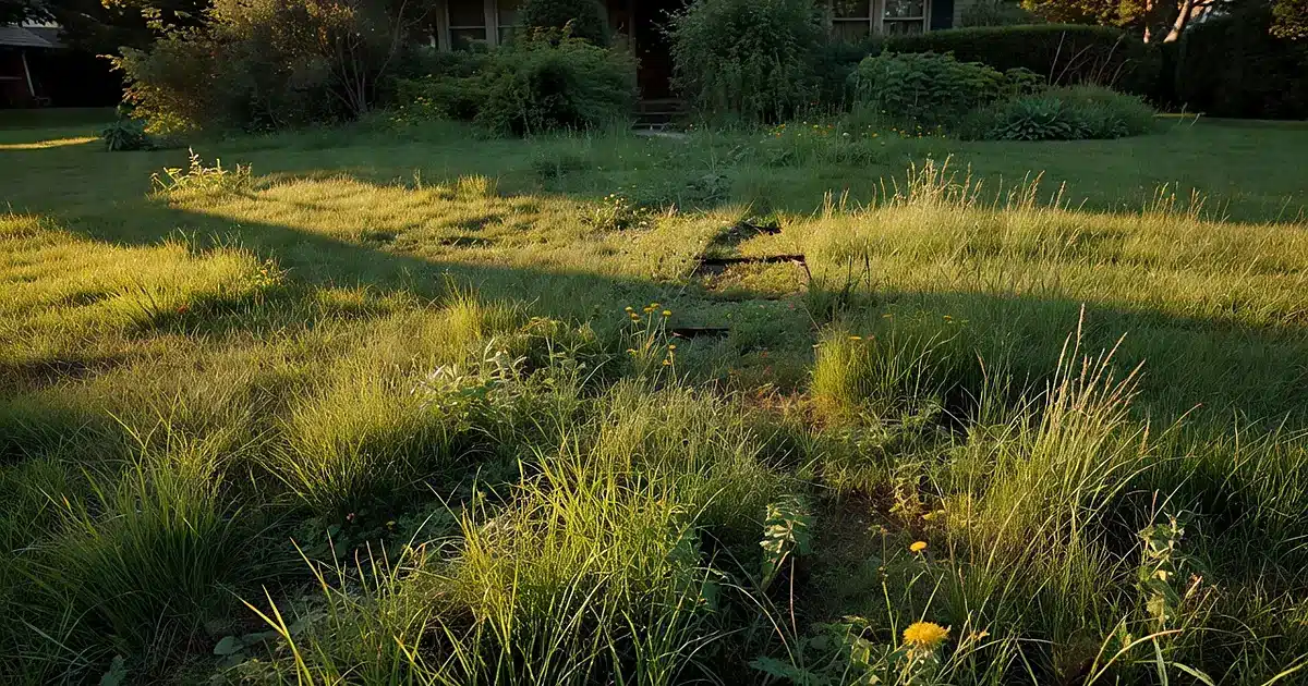 Overgrown suburban lawn with tall grass and weeds in front of large home at dusk