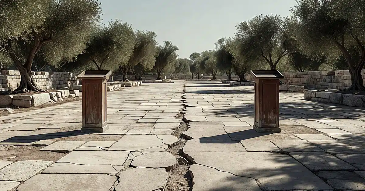 Two empty podiums face opposite directions across a cracked stone courtyard with olive trees in background
