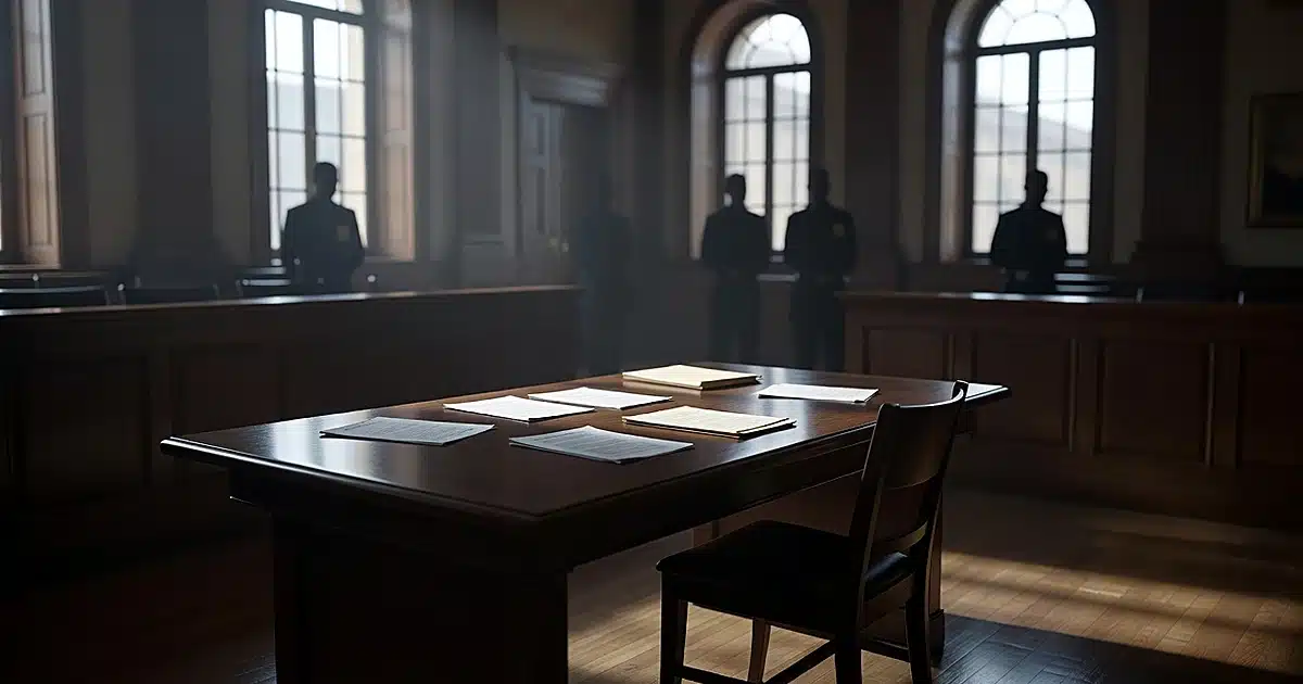 Empty defendant's table in federal courtroom with scattered documents and silhouetted figures in background