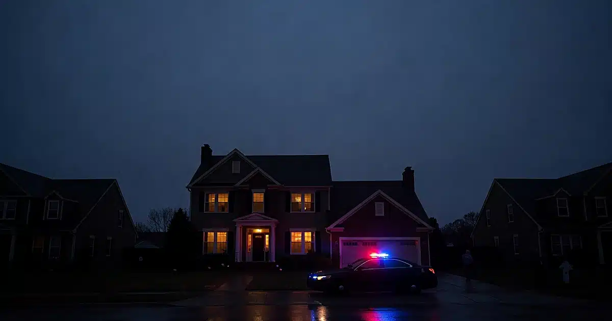 Police vehicle with emergency lights outside suburban home at dusk