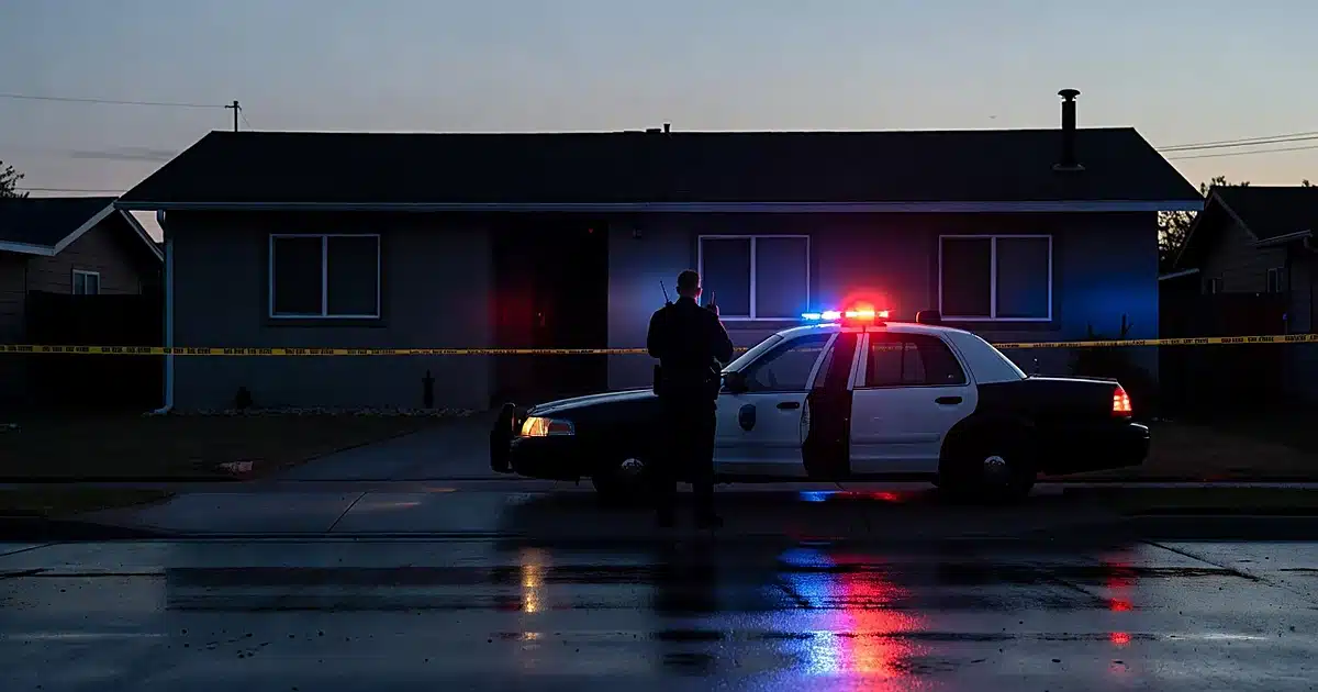 Police car with flashing lights parked outside suburban home at dusk with crime scene tape across driveway