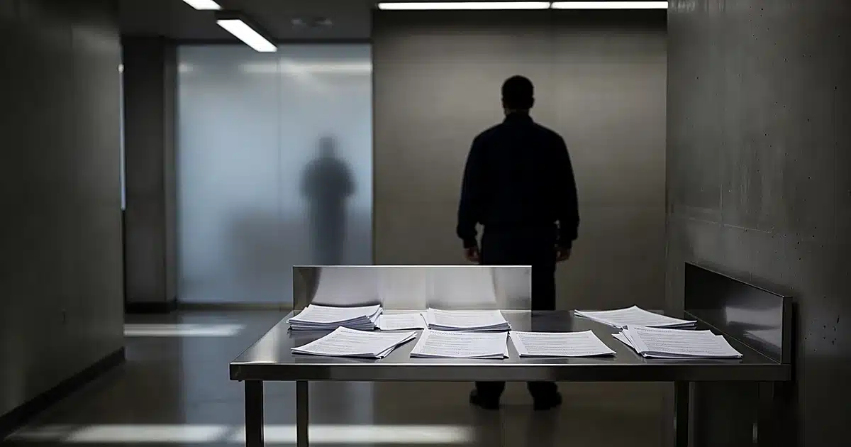 Federal booking station with processing desk and silhouetted figures in custody setting