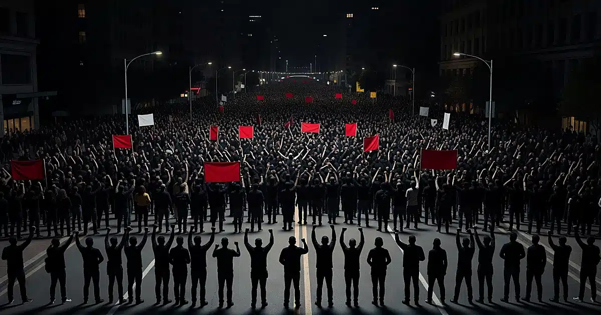 Massive crowd of silhouetted protesters filling city street at night with raised fists and red banners