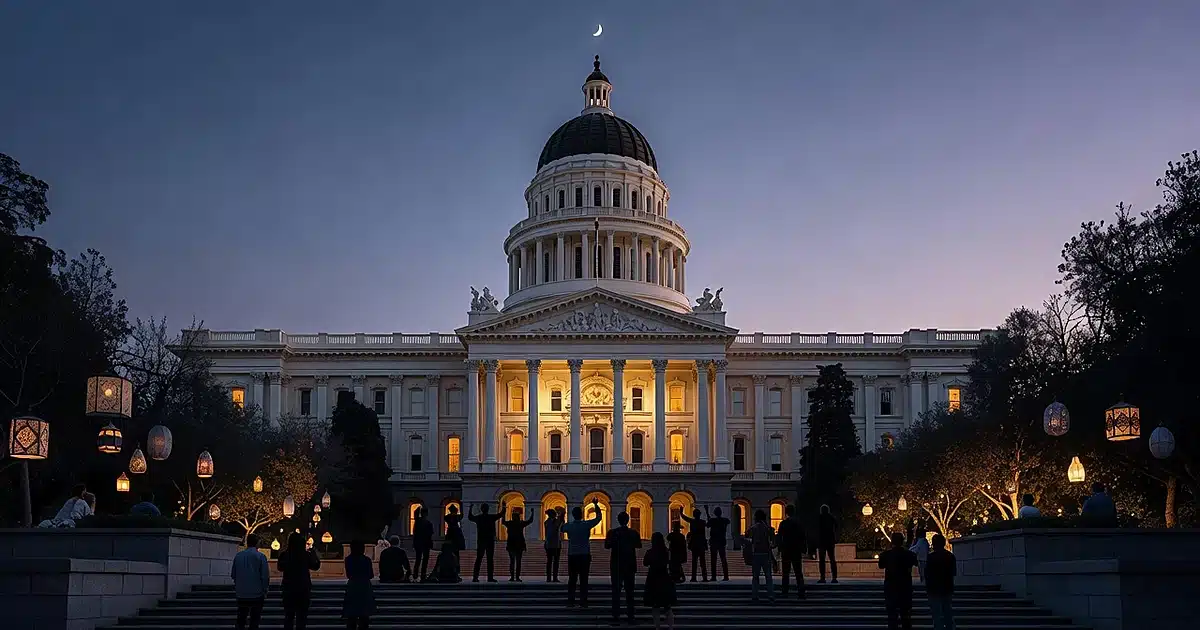 Silhouettes gather at capitol building steps under crescent moon with hanging lanterns at dusk