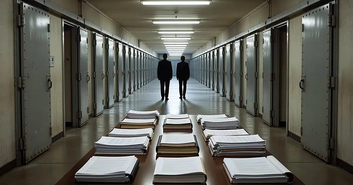 Detention facility corridor with steel doors and conference table displaying blank financial documents