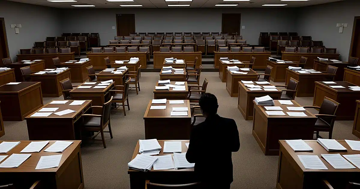 Empty California legislative chamber with scattered papers and silhouetted figure reviewing documents
