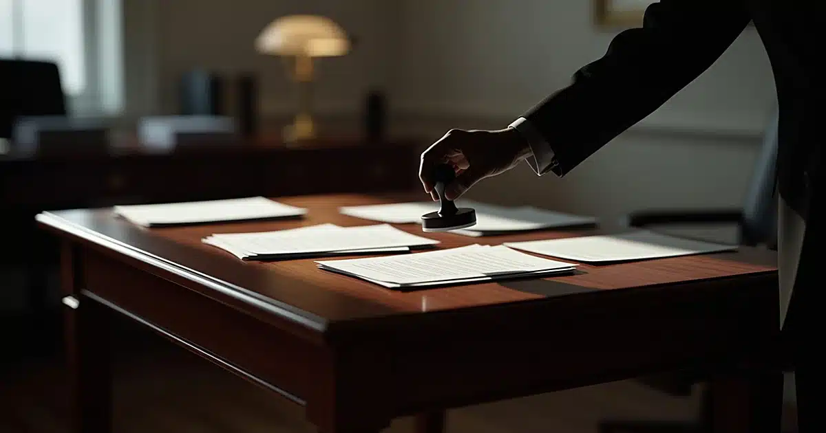 Veto stamp striking legislative documents on government office desk with dramatic side lighting