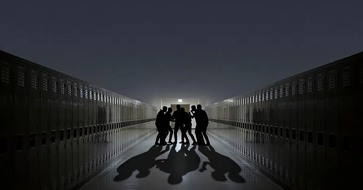 Dark silhouettes clustered in confrontation in a shadowy high school hallway with rows of lockers