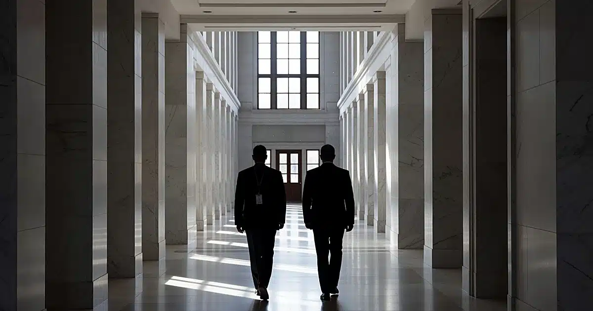 Silhouetted federal agents walking through courthouse corridor, one wearing visible ID badge on lanyard