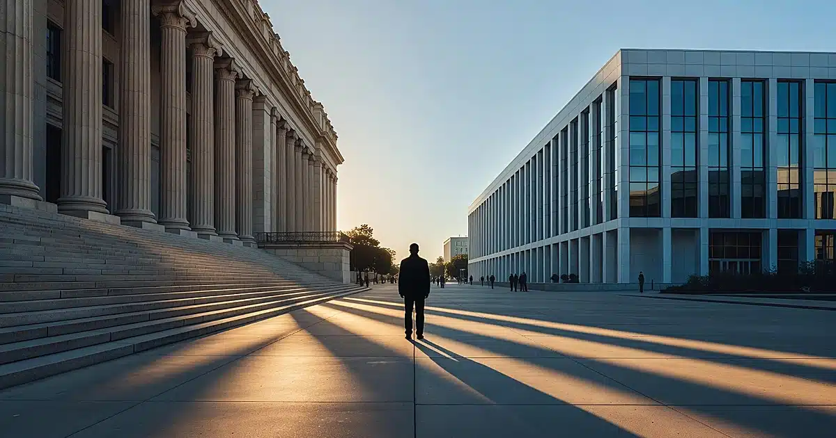 Silhouetted figure between state government building and federal building representing jurisdictional conflict