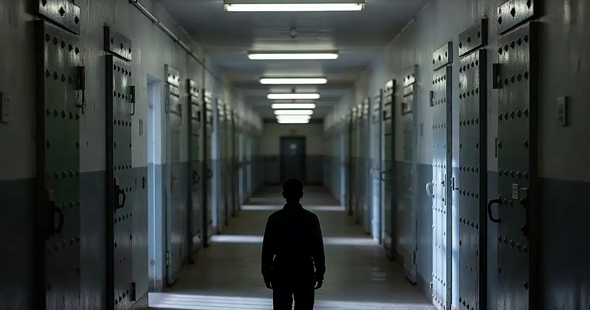 Silhouetted figure standing in a prison corridor with steel cell doors receding into darkness