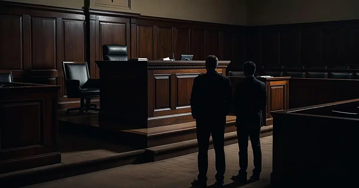 Empty federal courtroom with dark wooden paneling and silhouetted figures standing in gallery section