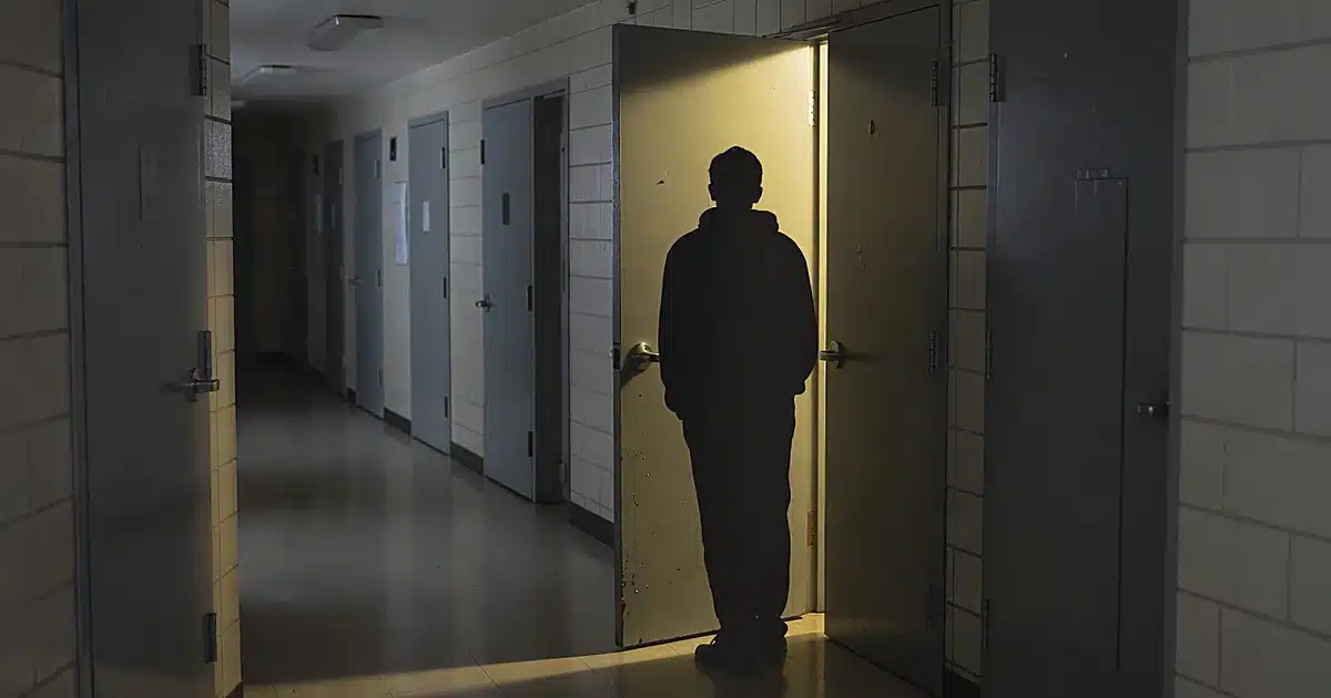 Dimly lit college dorm hallway with figure silhouetted near partially open door with light spilling out