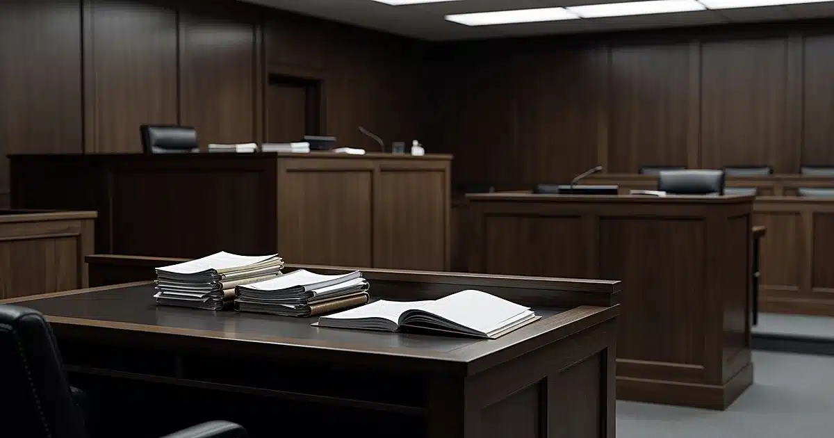 Empty federal courtroom with judge's bench, witness stand, and legal documents on dark wood surface