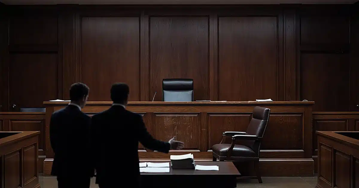Empty federal judge's bench in courtroom with silhouetted attorneys at counsel table in foreground