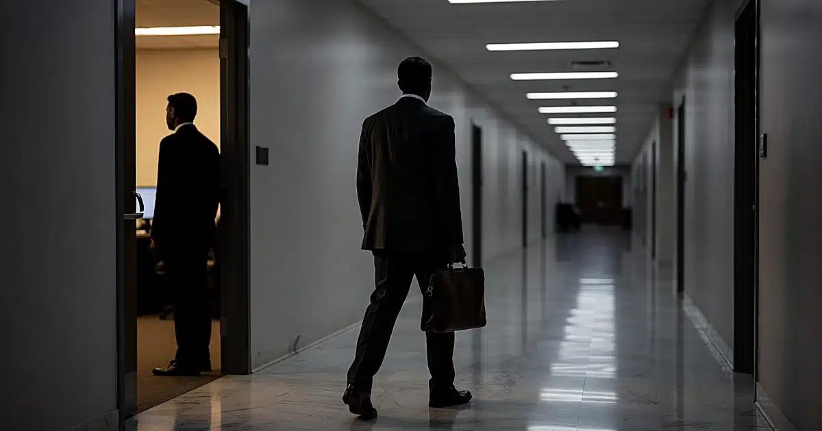 Silhouetted figures in a federal office corridor with polished floors and institutional lighting at dusk