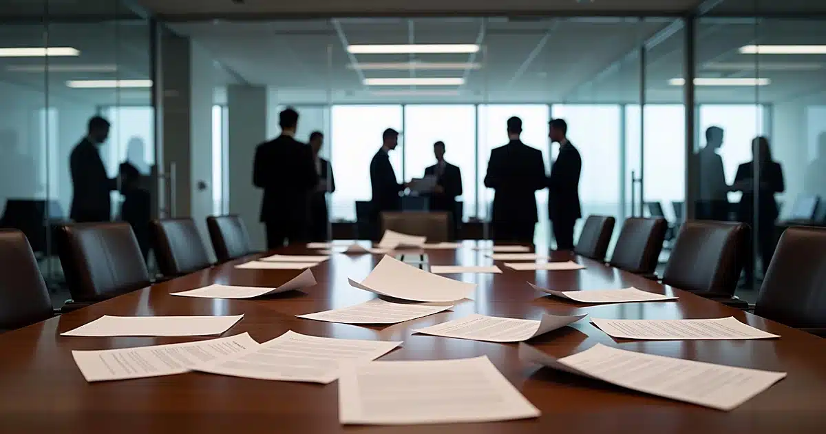Boardroom table with scattered documents, silhouetted figures visible through glass walls in background