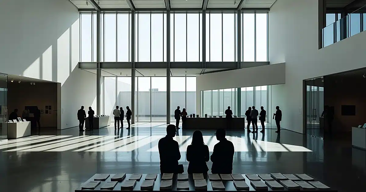 Silhouetted workers gathered inside a modern cultural center lobby with natural light from tall windows