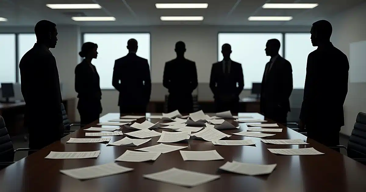 Silhouetted figures stand around boardroom table with scattered papers in tense workplace meeting